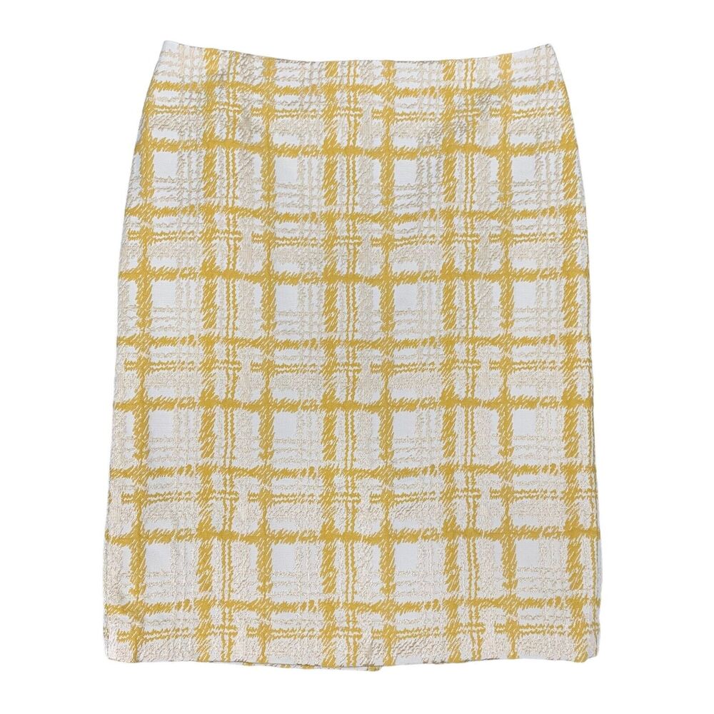 Talbots Skirt Womens 2 Yellow Plaid Tweed Back Zip Pencil Inner Lined Kick Pleat